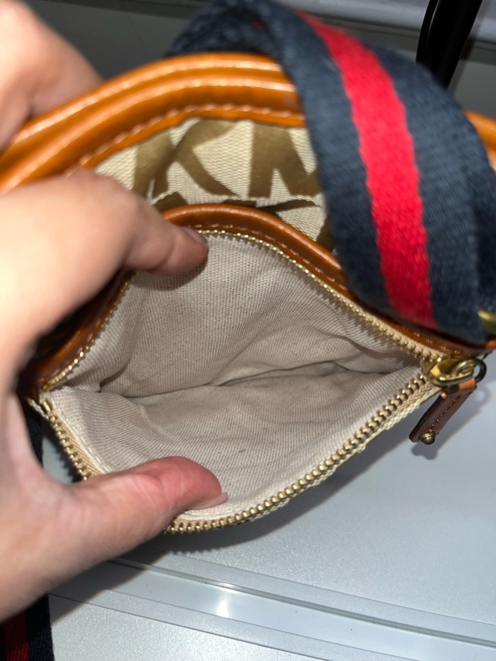 Michael Kors Beige MK Monogram Crossbody with Brown Trim and Black-Red Strap - Picture 7 of 9